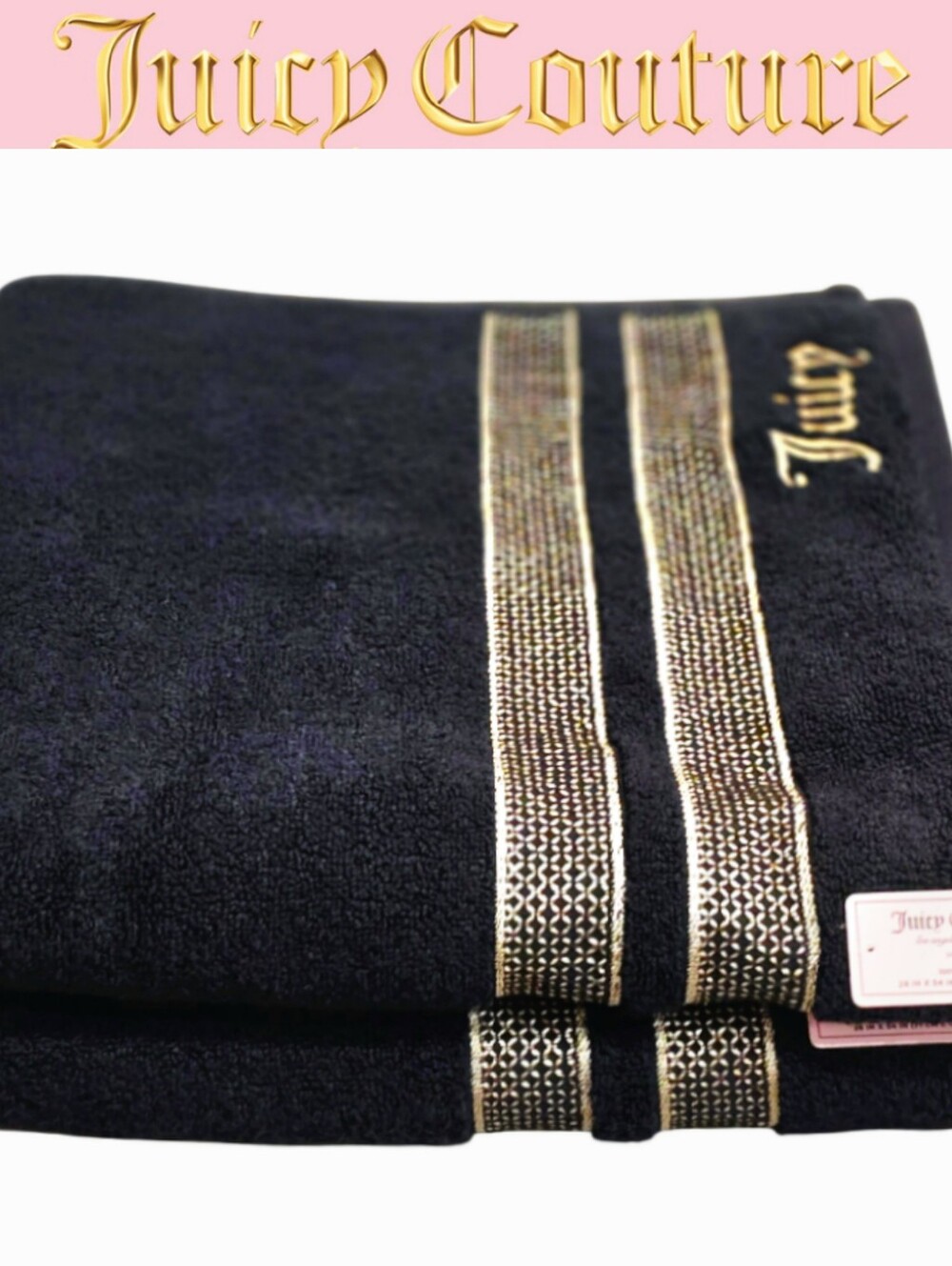 Juicy Couture Home Gold Embossed Accent Stripes Logo Plush Oversized Bath Towels